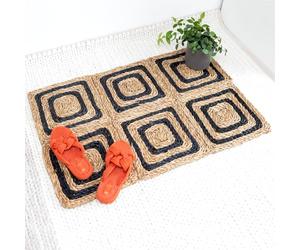 Josephina CEBUU Tapis naturel, 90 x 60 cm, en jonc de mer, pour salon, balcon et couloir, pliable, tissé à la main, style bohème, naturel + noir