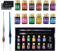 JOTOL JOTOLVerre Dip Lot De Stylos,2 Stylos Plume En Verre Calligraphie,12 Encres Couleurs Variées 7 Ml,pour L'art,Les Cartes de Vœux,Les Autographes,Les Cadeaux pour Les Débutants et Les Artistes