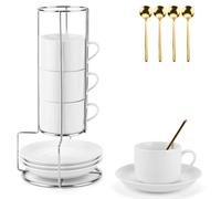 JOTOL Lot de 4 Tasse a Cafe, 4 x 5oz(160ml) Tasses Expresso Set avec Soucoupes et Support en Métal, Tasse à Café pour Espresso, Latte, Moka, Americano en Thé(avec 4 Cuillère à Café)