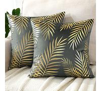 JOTOM Lot de 2 housses de coussin 40x40 cm en velours avec décor de feuilles dorées, housses de coussin décoratives en flanelle bronze pour canapé, chambre à coucher, sofa, voiture, décoration de