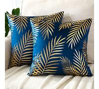 JOTOM Lot de 2 housses de coussin 50x50cm, housses de coussin décoratives en velours avec feuilles dorées, housses de coussin bronzées en flanelle pour canapé, chambre, sofa, voiture, décoration de