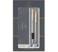 Jotter Duo Gift Set With Ballpoint Pen And Fountain Pen, Stainless Steel With Gold Attributes, Refill And Blue Ink Cartridges, Gift Box