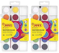 Jovi - Kit Aquarelle avec Pinceau, 12 godets 22mm, Couleurs Brillantes et Intenses, Peinture facile à diluer à l'eau et à séchage rapide, Sans Gluten (800/12) (Lot de 2)