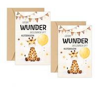 JOVYTH Cartes Félicitations Naissance avec Enveloppe Kraft, Lot de 2 Cartes de Vœux Bébé Girafe avec Texte en Allemand, Kit Papeterie pour Cadeau Baby Shower et Baptême Enfant