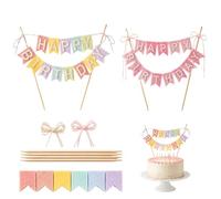 JOVYTH Kit Joyeux Anniversaire Décoration Gâteau, 2 Toppers en Feutrine, Guirlande Happy Birthday et Fanion Rose, Réutilisable Pour Enfants
