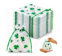 JOVYTH Sachets Organza Trèfle Vert 24 Pièces, Pochettes Cadeau à Cordon Pour Bonbons Fleurs Séchées Bijoux, Emballage Porte Bonheur Pour Amis Collègues