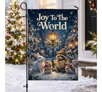 Joy To The World Drapeau de jardin avec citation d'animaux de la forêt | Scène de forêt d'hiver, drapeau de pelouse, animaux de la forêt chantants, lampadaire lumineux, faune fantaisie