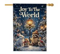 Joy To The World Drapeau de maison avec citation d'animaux de la forêt 71 x | Scène de forêt d'hiver, drapeau de pelouse, animaux de la forêt chantants, lampadaire lumineux, faune fantaisie
