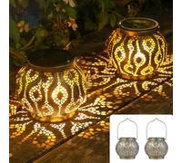 JOYCREATOR Lot de 2 lanternes solaires d'extérieur étanches IP65 - En métal - Pour l'extérieur - Blanc chaud - Lampes solaires orientales pour extérieur, jardin, balcon, arbre, pelouse, table (cuivre
