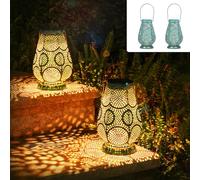JOYCREATOR Lot de 2 lanternes solaires orientales étanches IP65 en métal - Pour l'extérieur, le jardin - À suspendre - Balcon, patio, véranda (turquoise/petit)