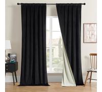 Joydeco - Lot de 2 rideaux 100 % occultants en velours doux à isolation thermique, avec passe-tringle, pour fenêtre, salon, chambre à coucher, noir, 132 x 213 cm (l x L)