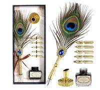 Joyeee Ensemble stylo plume de paon et encre, kit d'écriture pour lettrage | Vintage Quill Stylo de calligraphie avec encre, 5 plumes de rechange et porte-stylo, coffret cadeau de calligraphie pour