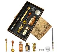 Joyeee Stylo à plume d'artiste avec encre, stylo à trempage en bois, perles de cire à cacheter pour bouteille, bougie à thé, tasse en verre, ouvre-lettres doré, porte-stylo en bois et cuillère à sceau