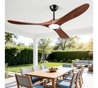 JOYEYE Ventilateur de plafond avec lumières et télécommande, 3 pales en bois massif, ventilateur de plafond en bois pour extérieur, avec 2 entretoises pour terrasse, ventilateur de plafond