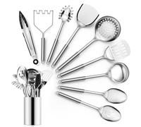 Joyfair Ensemble d'ustensiles de cuisine en acier inoxydable, 10 pièces avec support, ustensiles de cuisine avec spatule, cuillères, pinces, louche, pelle à pâtes et presse-purée, passe au