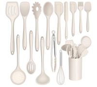 Joyfair Lot de 15 ustensiles de cuisine en silicone résistants à la chaleur avec porte-ustensiles - Antiadhésifs - Passe au lave-vaisselle - Kaki