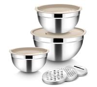 Joyfair Lot de 3 bols mélangeurs en acier inoxydable avec couvercle hermétique et 3 râpes - Saladiers pour pâtisserie/cuisine/préparation, empilables et passent au lave-vaisselle - 4,5 l/2,7 l/1,5 l -