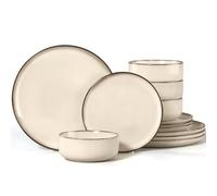 Joyfair Set de couverts pour 4 personnes, 12 pièces vaisselle avec service de table en grès dans le set, émail réactif résistant aux rayures avec assiettes creuses, assiettes à dessert, bols pour