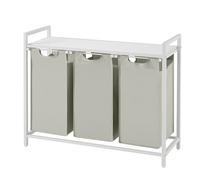 JOYFURNOS Panier à Linge à 3 Compartiments, Sac à Linge Amovible et Coulissant, Trieur de Vêtements avec Structure Métallique, 3 x 40 L, 92,5 x 33 x 72 cm, Blanc Crème et Blanc Mat