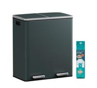 JOYFURNOS Poubelle de cuisine 2 compartiments, Poubelle double 2 x 30 L avec couvercles, Pédales, Seaux intérieurs en plastique, Fermeture amortie, Gris verdâtre