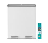 JOYFURNOS Poubelle de cuisine à 2 compartiments, poubelle double 2 x 30 L avec couvercles, pédales, seaux intérieurs en plastique, fermeture amortie, Blanc et Gris