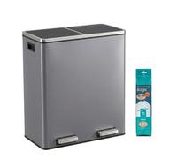 JOYFURNOS Poubelle de recyclage, Poubelle à pédale à 2 compartiments avec couvercles et fermeture douce, Séparateur de déchets de cuisine, Métal, Gris ardoise