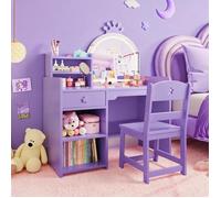 JoyGarden Table de maquillage enfant lumineuse avec miroir LED couronne, bureau 2-en-1 avec chaise pour chambre de fille Violet