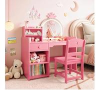 JoyGarden Table de maquillage enfant lumineuse avec miroir LED couronne, bureau 2-en-1 avec chaise pour chambre de fille Pink
