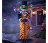 JOYIN Grand clown d'Halloween animatronique de 140 cm - Figurine grandeur nature activée par le bruit avec fonction de cracher des bonbons - Clown squelette animé avec bol - Accessoire de maison