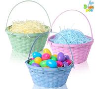 JOYIN Lot de 3 paniers à friandises ronds tissés en bambou avec poignée pliable pour la chasse aux œufs de Pâques, les friandises pour les enfants, les pique-niques