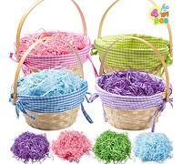 JOYIN Lot de 4 paniers de Pâques tissés en bambou avec poignées et 4 couleurs en papier d'herbe, seau de rangement en osier pour bonbons, jouets, chasse aux œufs de Pâques, fournitures de fête