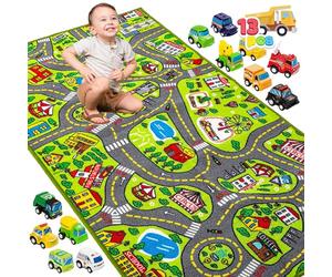 JOYIN Tapis de Chambre d'enfant, 80 x 150 cm, avec 12 Mini Jouets de Voiture, pour Enfants à partir, Tapis de Jeu, Rue, Tapis de Voiture, pour garçon et Fille, pour Chambre à Coucher et Salle