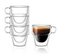 JoyJolt Stoiva - Lot de 4 tasses à expresso en verre à double paroi isotherme - 150 ml - Avec poignée - Empilables - En verre transparent - Pour machine à expresso et cafetière