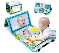 JoyLife Miroir ventral pour bébé, jouets pour nourrissons de 0 à 6 mois, jouets sensoriels Montessori, miroir rabattable, jouets pliables pour bébé avec anneau de dentition et livre en tissu froissé