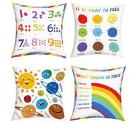 Joymaison Housse Coussin 45x45 Lot de 4 Enfants Arc-en-Ciel Planète Soleil | Housse d'oreiller Livres Éducatif Coin Calme Decoration Canape Salon Extérieur