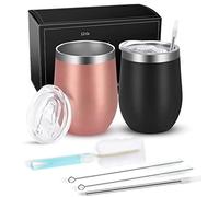 Joymaking Stemless Lot de 2 gobelets à vin en acier inoxydable avec couvercle, double paroi pour lait, café, vin, bière, champagne, cocktail, or rose noir