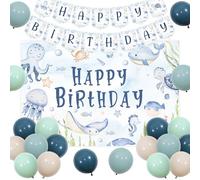JOYMEMO Décorations de fête d'anniversaire sous la mer pour garçons - Kit de toile de fond sur le thème de l'océan avec bannière du monde sous-marin, ballons à thème rétro pour animaux marins,