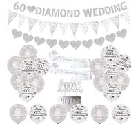 JOYMEMO Décorations de Gâteau 60e Anniversaire de Mariage avec Diamants Argentés pour 60e Anniversaire de Mariage, Bannière en Forme de Cœur et Anneaux en Satin pour 60e Anniversaire de Mariage