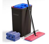 JOYMOOP Ensemble Mopa et Seau avec Essoreuse, Balai Plat Mains Libres et Seau, avec 6 Tampons en Microfibre Lavables, Usage Humide et Sec, Système de Nettoyage de Sols - Noir + Rouge + Bleu Ardoise