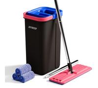 JOYMOOP Ensemble Mopa Et Seau pour La Maison, Système D’Autonettoyage Mains Libres, 3 Tampons De Microfibre Réutilisables, pour Sols Et Murs - Noir + Rouge + Bleu Ardoise
