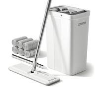 JOYMOOP Ensemble serpillère et seau avec essoreuse, serpillères plates pour le nettoyage, nettoyeur de mur long manche, balai franges bois dur 6 tampons microfibre