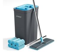 JOYMOOP Ensemble serpillère et Seau avec essoreuse, serpillères pour Nettoyage du Sol, Nettoyeur Mural avec Long Manche, avec 6 serpillères réutilisables en Microfibre - Gris + Bleu Cyan