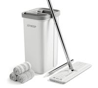 JOYMOOP Système de balai plat avec seau essoreuse, blanc, ensemble de nettoyage de sol en microfibre pour une utilisation humide et sèche, poignée de 152,4 cm avec 3 tampons réutilisables