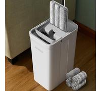 JOYMOOP Système de serpillère plate en microfibre avec seau et serpillère blanche, pour usage commercial et domestique, balai de nettoyage pour sols et murs en bois dur avec long manche, 4 tampons en