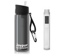 Joypur Gourde Filtrante 650ml avec Boussole, Filtre à Eau Portable 5 couches(0,01 µm), Élimine 99.9999% des Impuretés, Pour Randonnée Camping Survie, Sans BPA, Gris