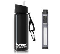 Joypur Gourde Filtrante 650ml avec Boussole, Filtre à Eau Portable 5 couches(0,01 µm), Élimine 99.9999% des Impuretés, Pour Randonnée Camping Survie, Sans BPA, Noir