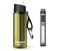 Joypur Gourde Filtrante 650ml avec Boussole, Filtre à Eau Portable 5 Couches (0,01 µm), Élimine 99.9999% des Impuretés, pour Randonnée Camping Survie, sans BPA, Vert Foncé