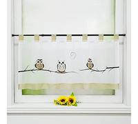 Joyswahl Grete Rideau brise-bise avec passants Sable 45 x 90 cm | Rideau de cuisine en voile avec motif hiboux, rideau court brodé, rideau de fenêtre, rideau transparent, 1 pièce