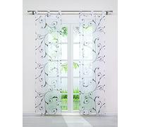 Joyswahl Lot de 2 Rideaux Voilages en Voile Transparent avec Fleurs à Pattes Décoration de Grande Fenêtre Porte Salon Chambre Noir LxH 57x145cm