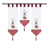 Joyswahl Lot de 3 rideaux brise-bise en voile avec passants - Motif brodé folral - Rouge - 20 cm de large, 1 x 50 cm de longueur et 2 x 70 cm de longueur